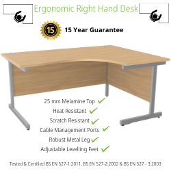 Office Desk Radial Right Hand Silver Cantilever Legs - W1600 x D1200 x H725mm, Beech Ashford
